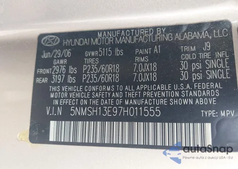 2007 Hyundai Santa Fe Limited/Se из США, поврежденный, VIN 5NMSH13E97H011555